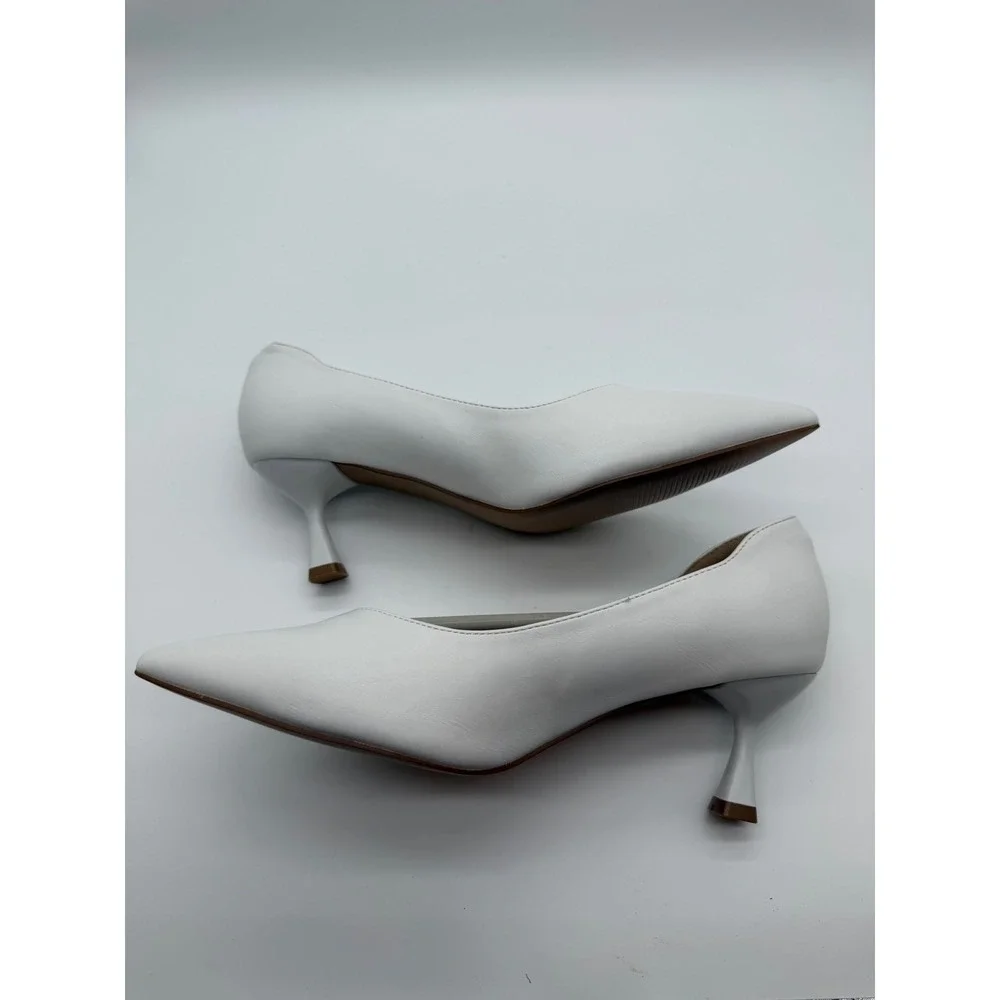 White Pointed Toe Kitten Heel Pumps Flared Stiletto Dress Shoes Womens 8.5